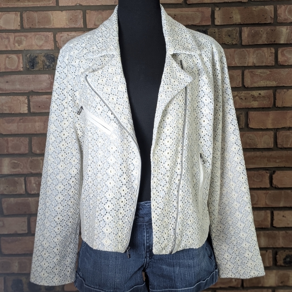 Anthropologie Dolan Left Coast Women's Cream Lace Eyelet Moto Jacket Blazer